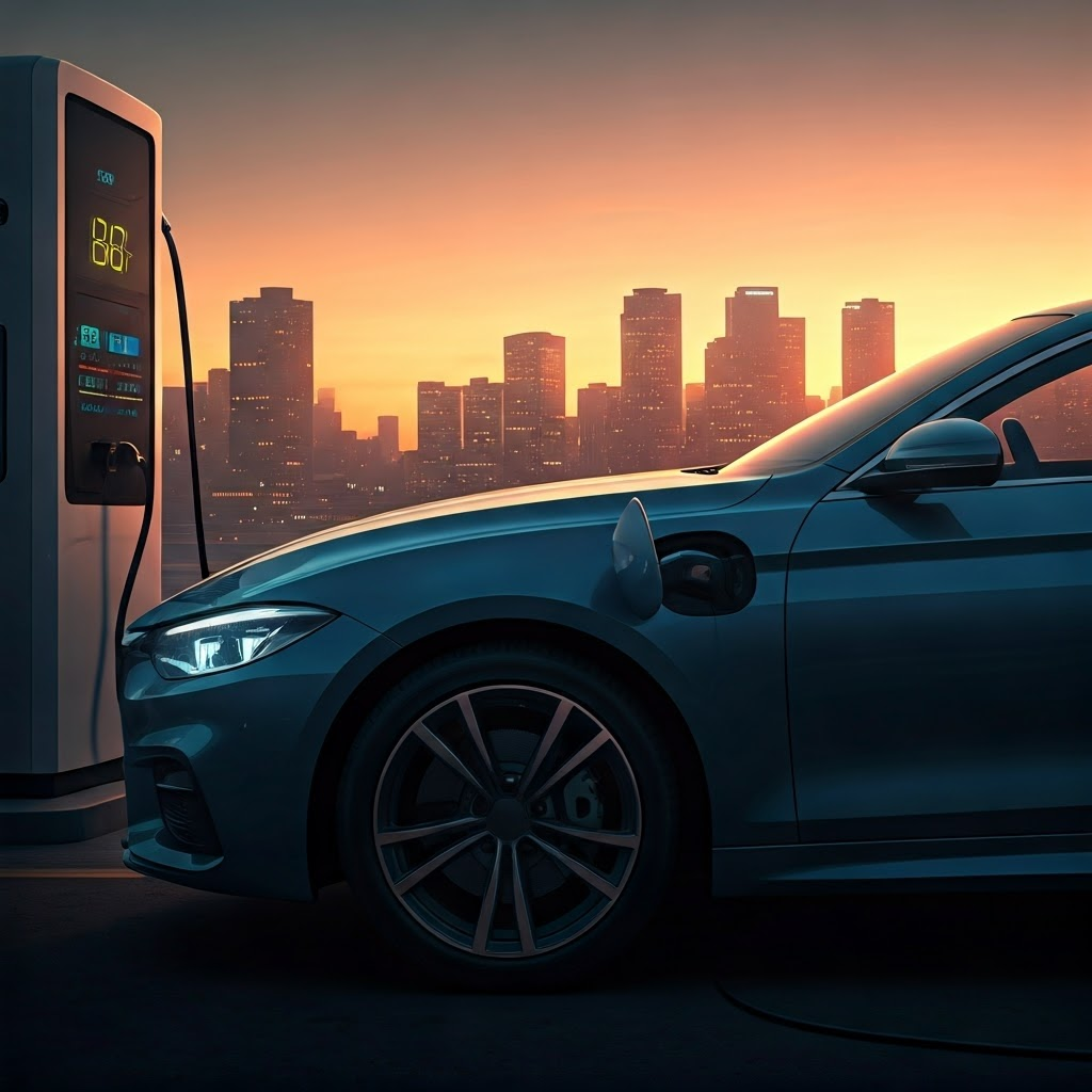 Driver plugs in electric car at sunset; screen displays remaining charge cycles