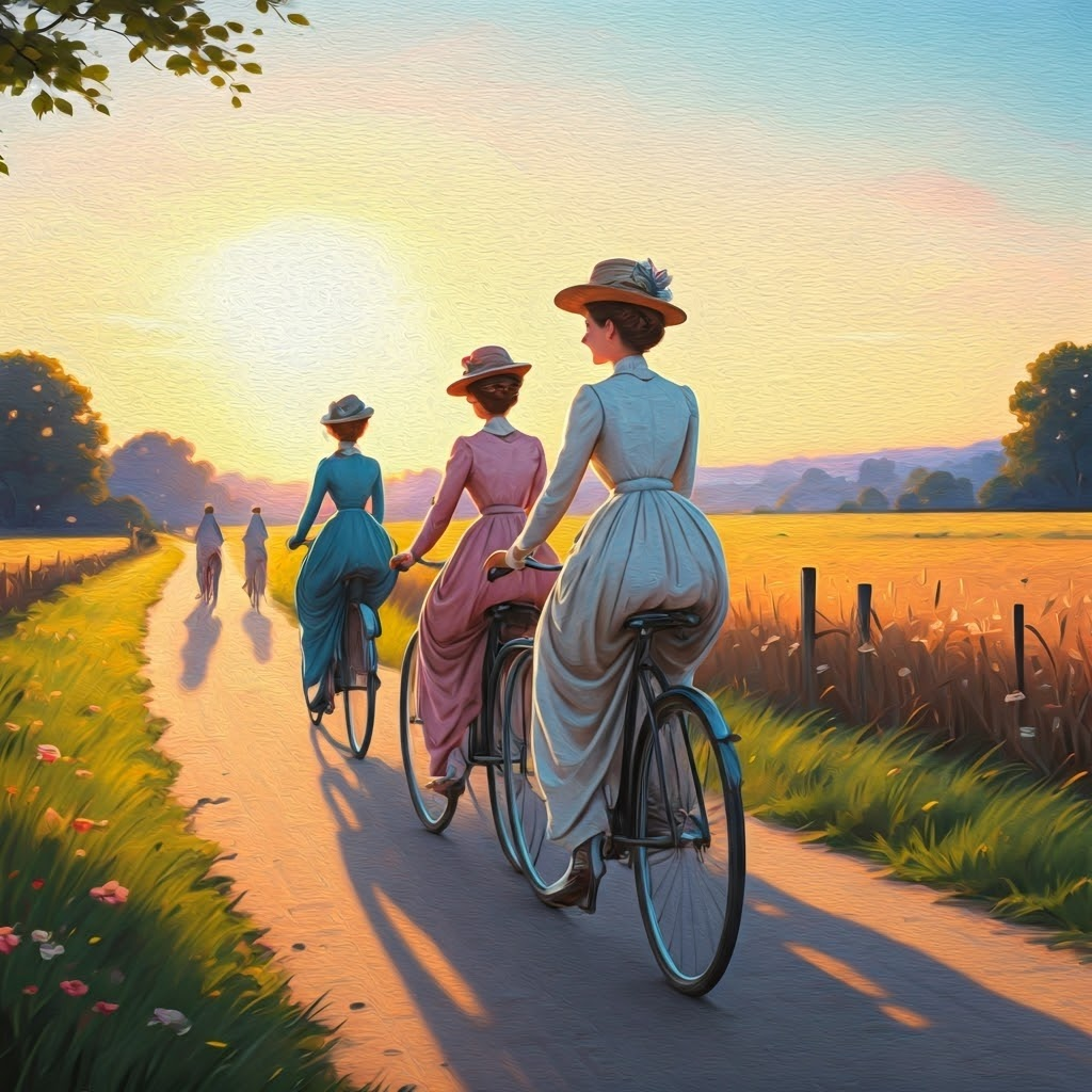 Victorian women ride early bicycles along a sunrise lane, their trousers and skirts fluttering as they enjoy newfound mobility.
