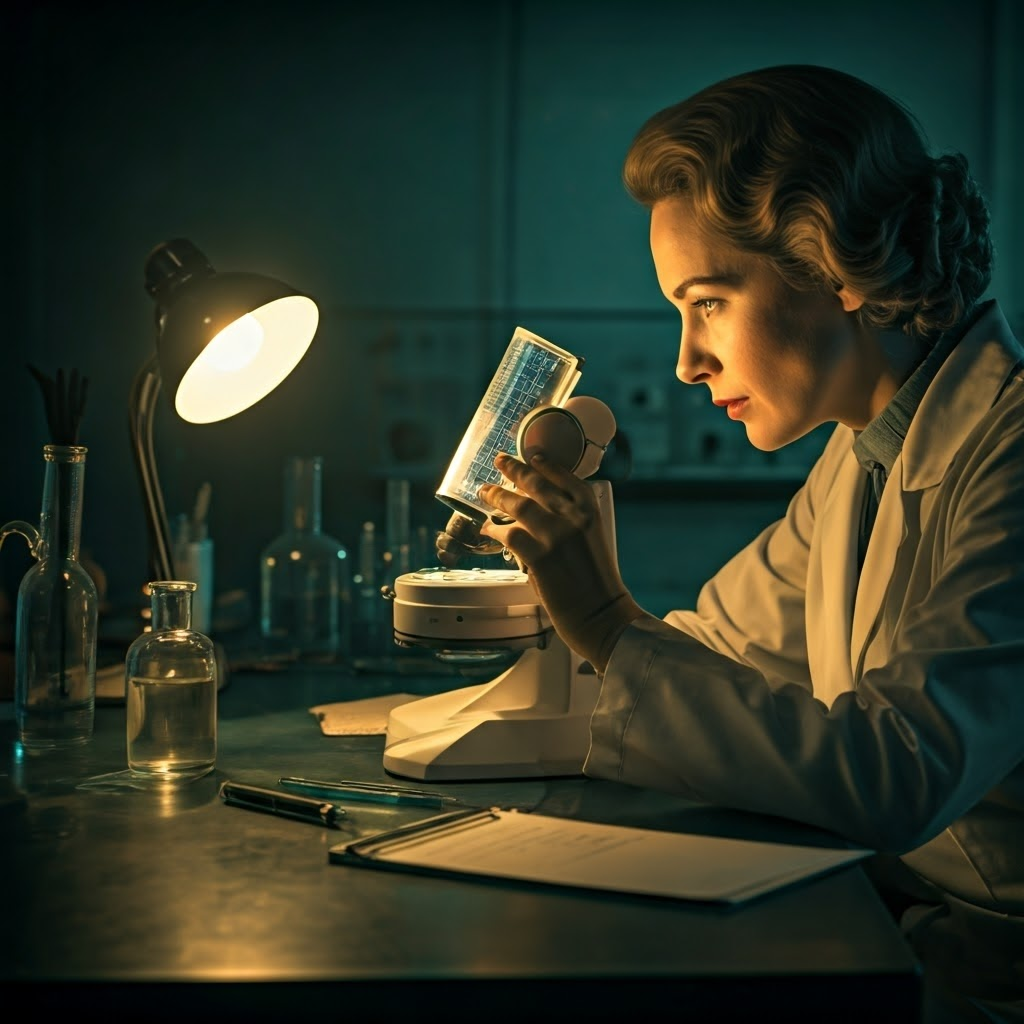 Retro-futuristic lab scene showing scientist observing electrons knocked free by light.
