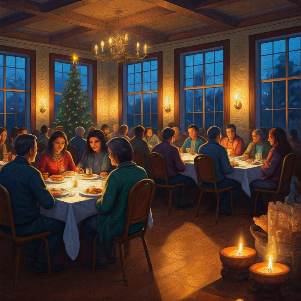 A community hall filled with people sharing food, featuring a Christmas tree, Diwali lamps, and a Passover Seder set on glowing tables.