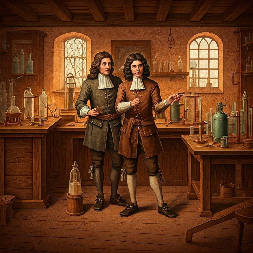 Seventeenth-century lab with Boyle and Papin studying a steaming cooker amid brass tools—highlights the first steam experiments.