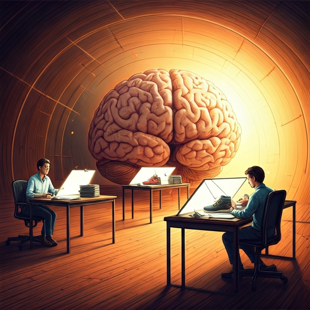 Interior “office” scene of neurons working together to map out shoe-tying steps in a pastel planning room