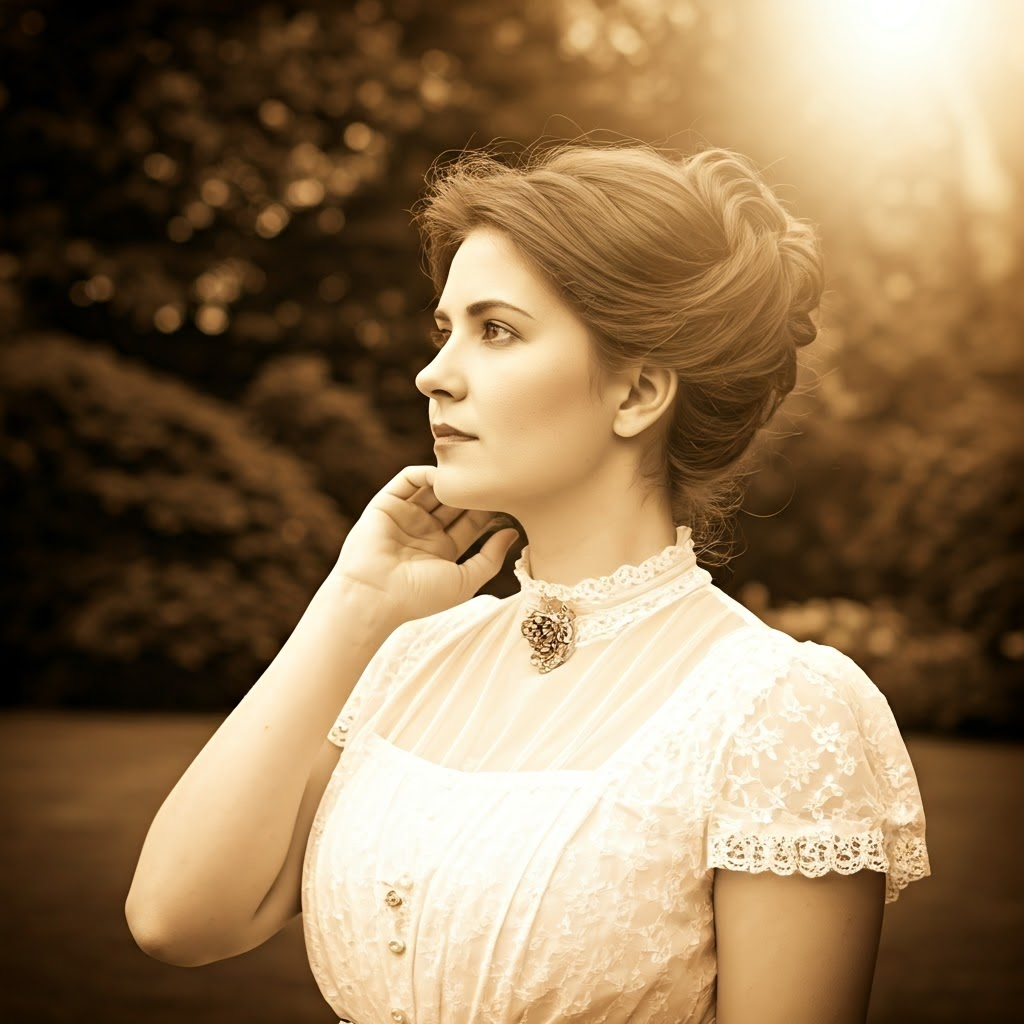 Victorian-era woman with soft-focus lens in a sunlit garden, evoking emotive portraiture