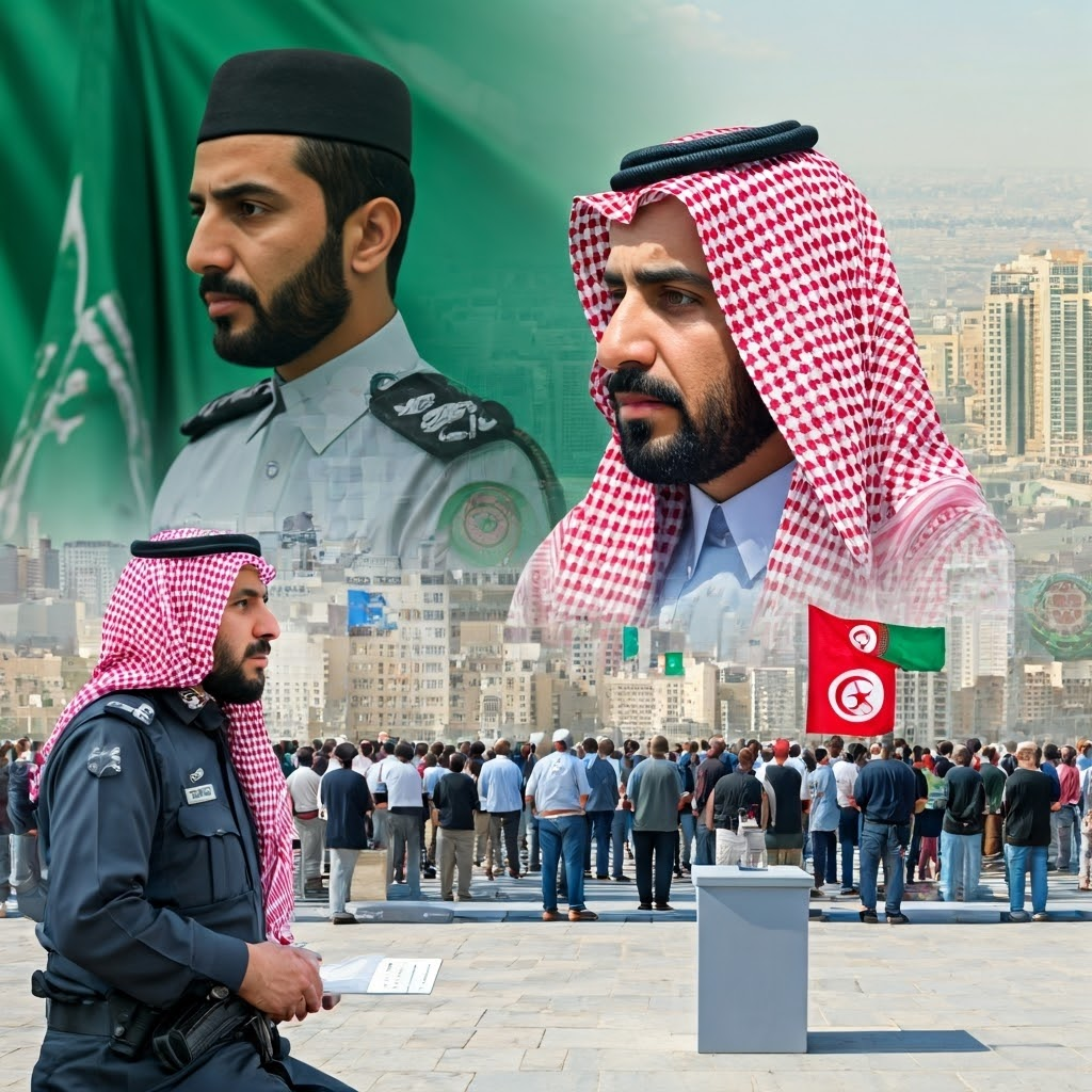Digital collage contrasts Saudi strict codes with Tunisian polling stations set against modern skylines