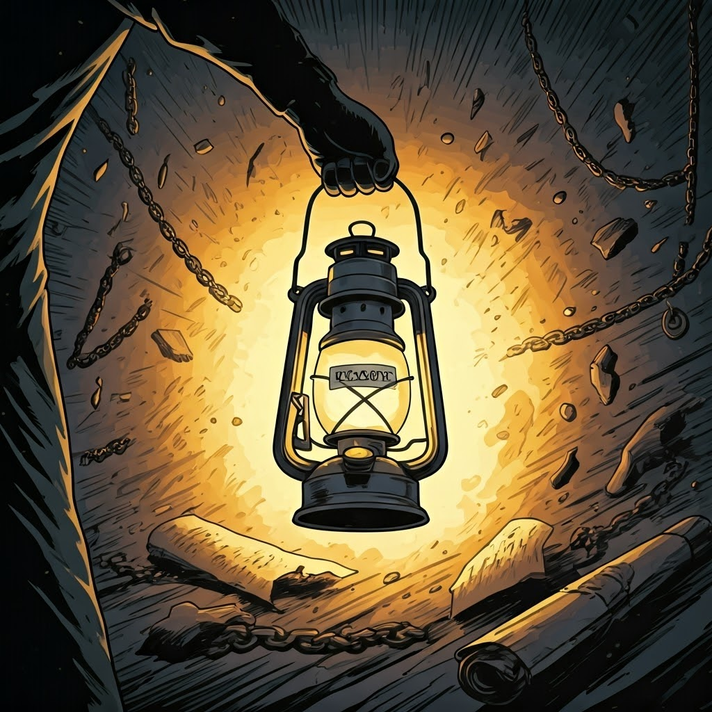 A lone lantern labeled “Reason” floods a dark room, revealing shattered chains and fading superstitions while bright gold light cuts through deep shadows.