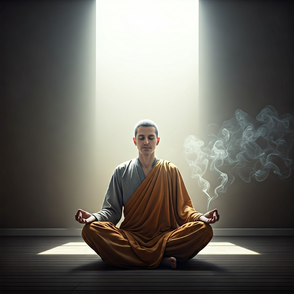 Meditator in lotus position inside a simple hall, light and incense framing focused stillness.