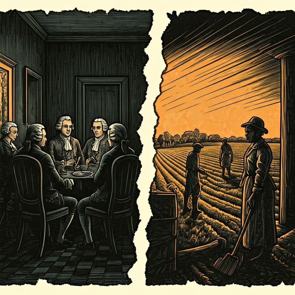Contrasting panels: wealthy men discuss freedom while an enslaved family labors nearby, exposing social divides of the era.