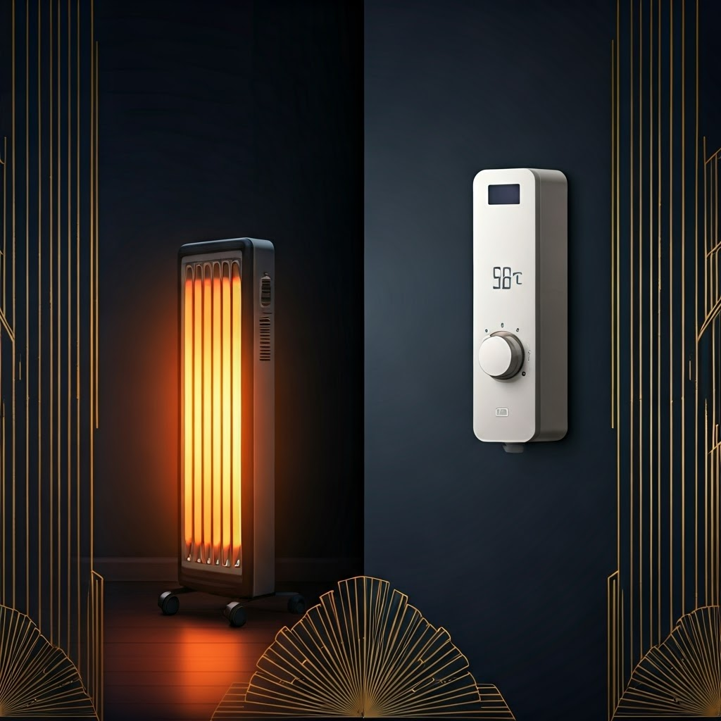 Side-by-side heaters showing uncontrolled heat versus thermostat-regulated comfort.