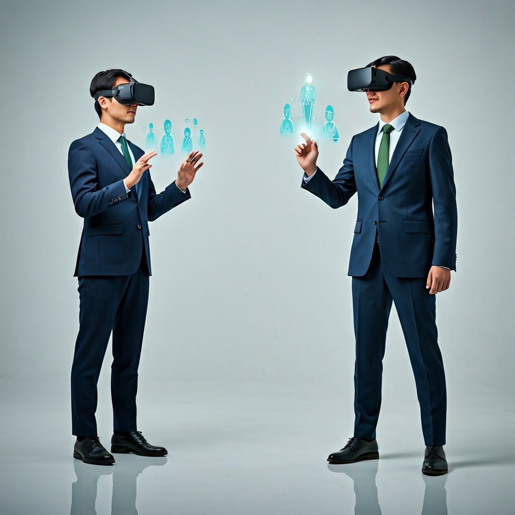 Corporate managers in suits use VR headsets to engage with holographic customers, showing attentive body language