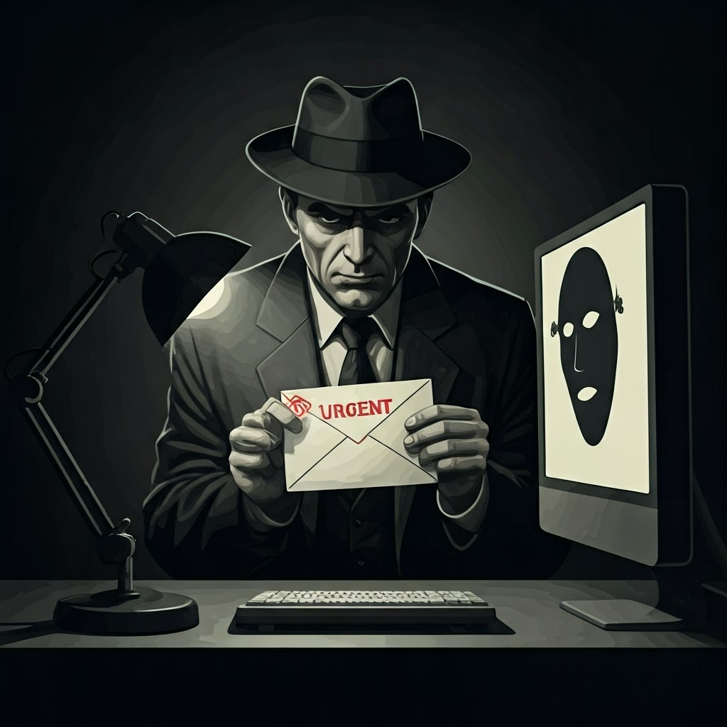 Shadowy con artist holding a fake urgent email under a desk lamp, evoking classic film-noir deception.