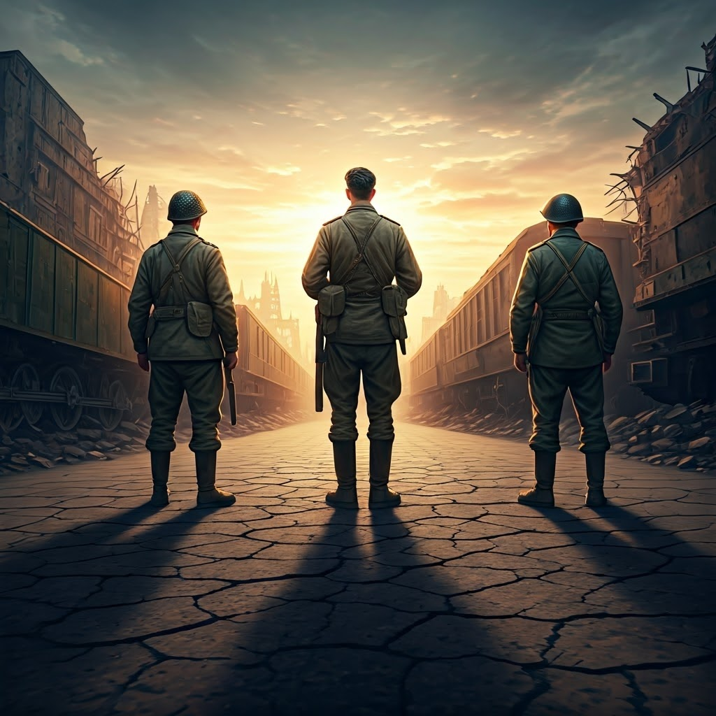 American, Soviet, and British soldiers stand tense in a ruined square at sunset, hinting at looming post-war rivalry.
