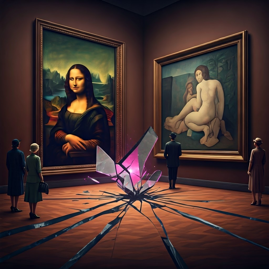 Two famous paintings—Mona Lisa and Les Demoiselles d’Avignon—appear on cracked panels whose shards litter a gallery floor, highlighting the collision between tradition and modernism