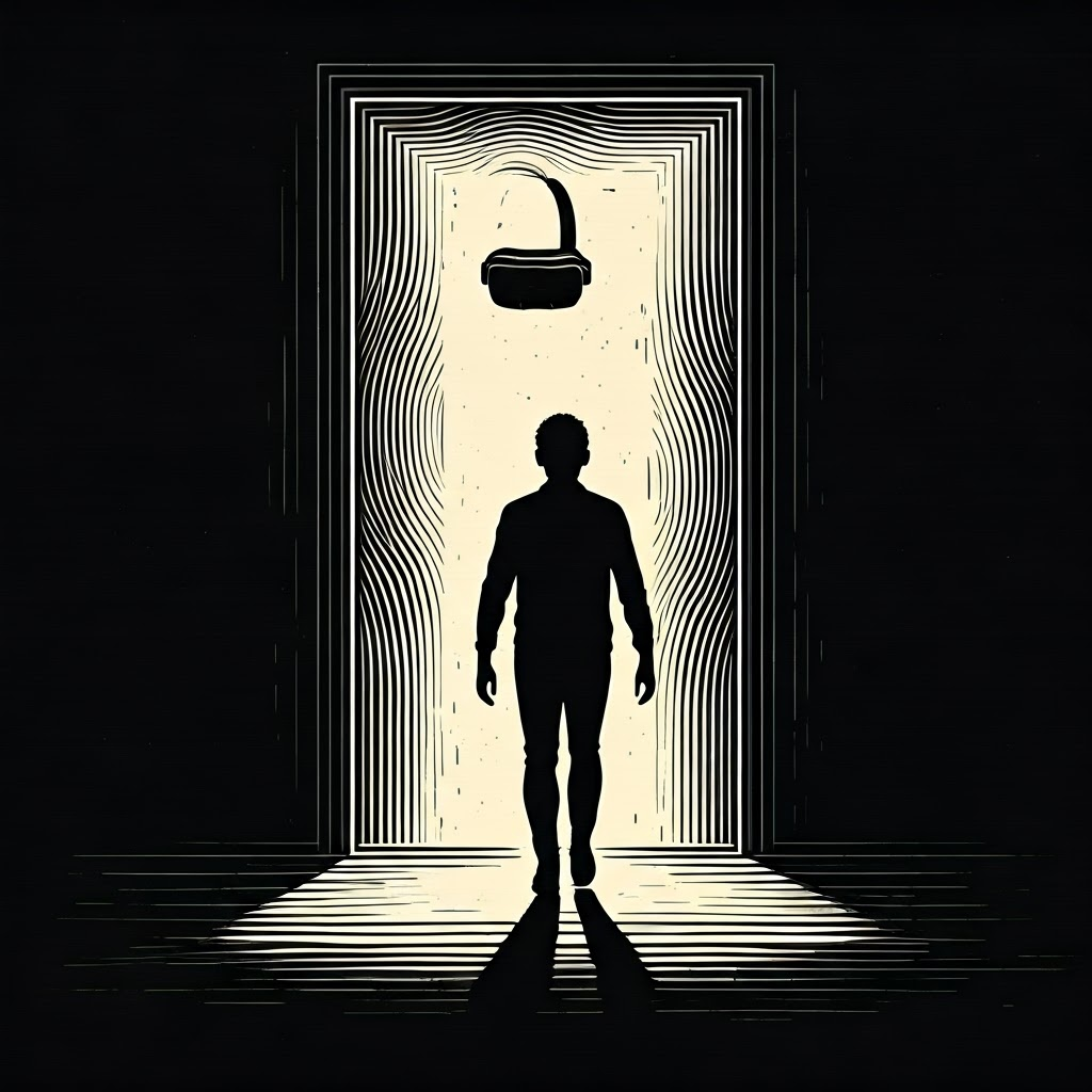 Silhouette steps through a doorway shaped like a glowing VR headset, symbolizing entering new training worlds