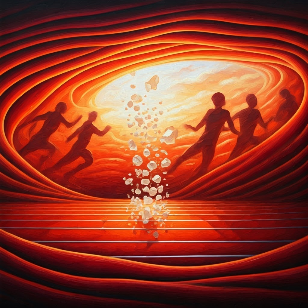 Surreal painting of glucose breaking into ATP beneath an oxygen-starved sky inside muscle tissue.