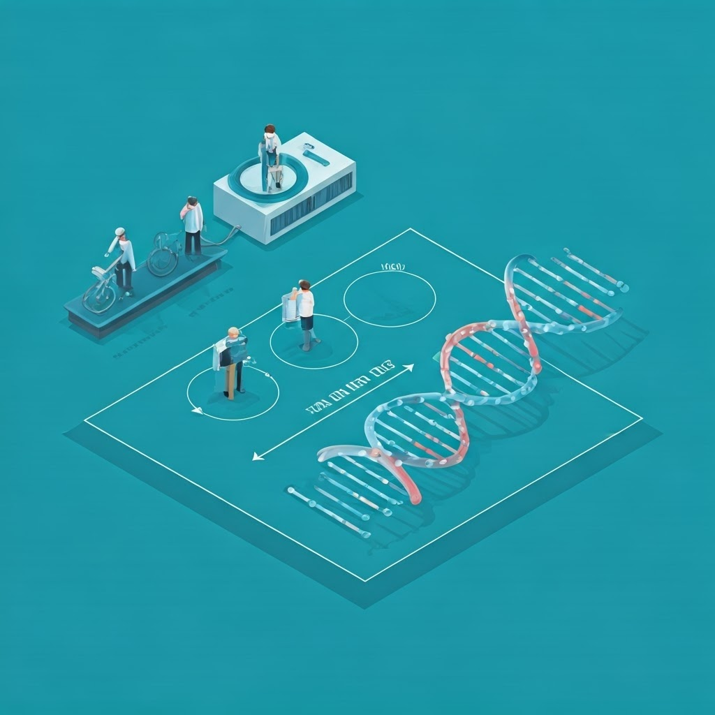 Isometric illustration showing timelines shrinking and DNA strands lengthening as technology advances.
