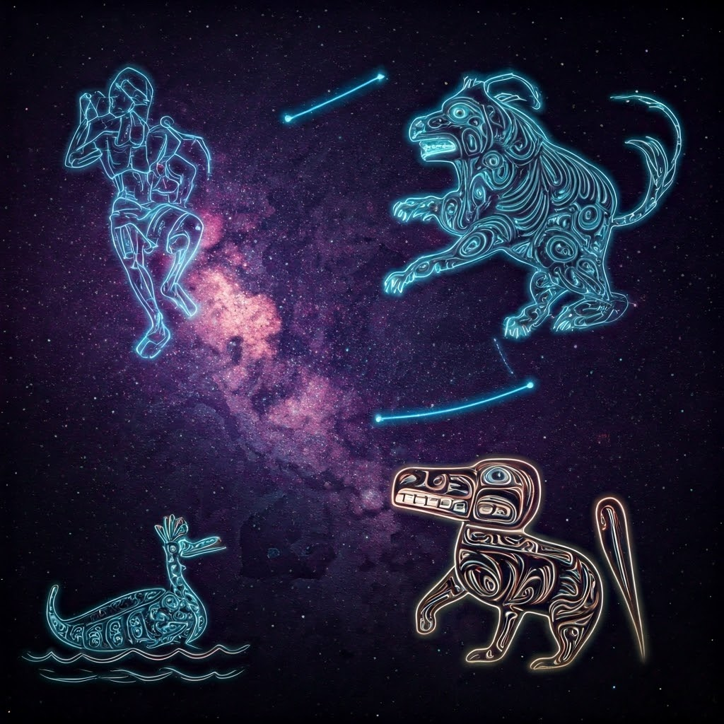 Constellations appear as glowing cultural figures—hunters, canoes, and animals—overlaying a violet night sky, hinting at diverse myths.