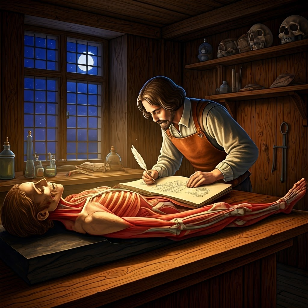 Moonlit 16th-century dissection room where Vesalius sketches organs from a human cadaver