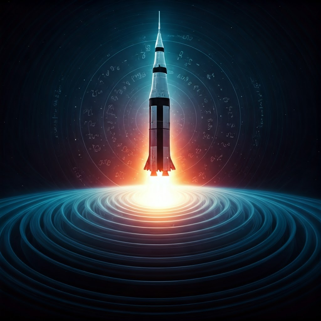 Surreal image of a Saturn V slicing through onion-like atmospheric layers with glowing rocket-equation symbols nearby