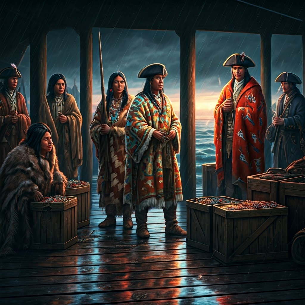 Bustling coastal port where Native traders swap beaver pelts for European goods under moody lights.