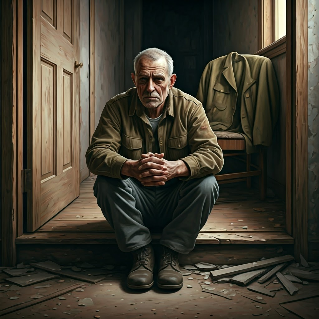 A veteran sits alone on stone steps, distant eyes hinting at memories civilians cannot see.