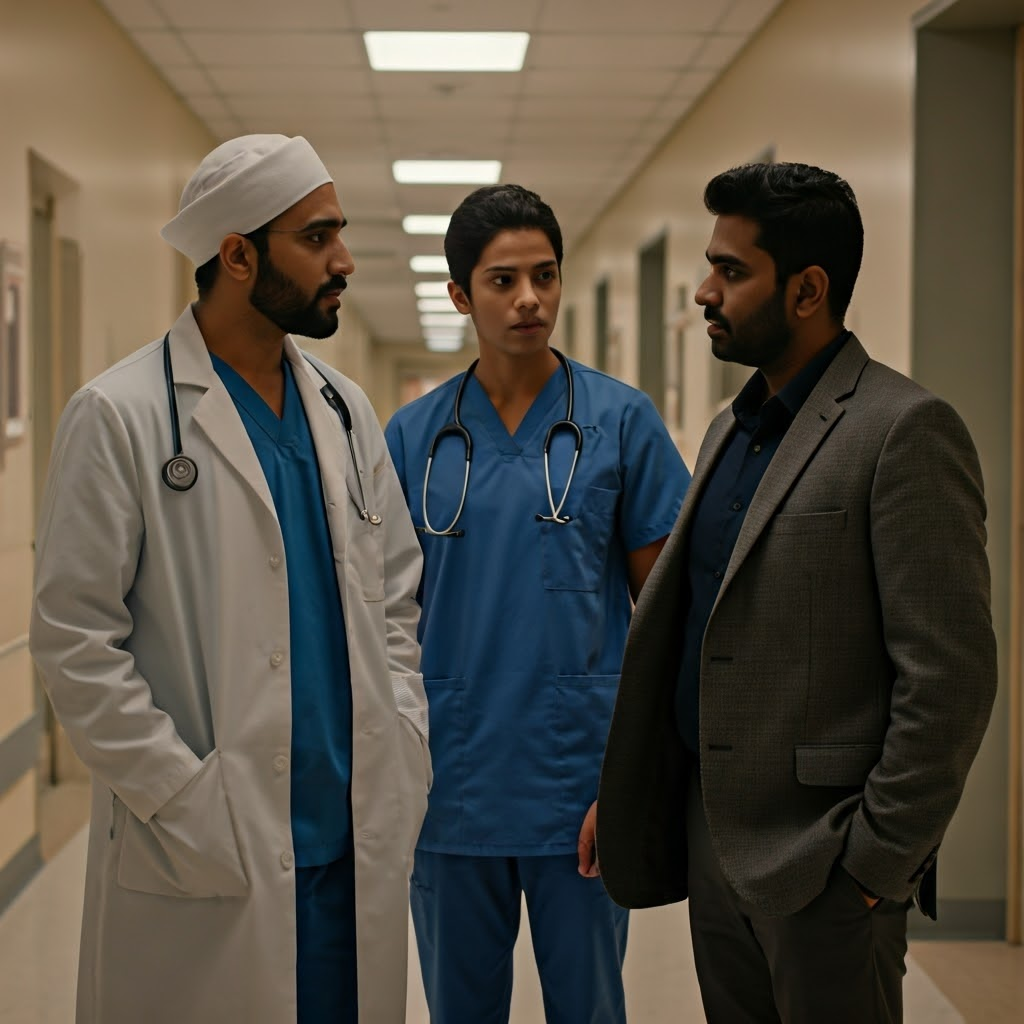 In a small-town Texas hospital, a Muslim doctor consults with a Baptist nurse beside a Hindu engineer, underscoring workplace cooperation across faiths.