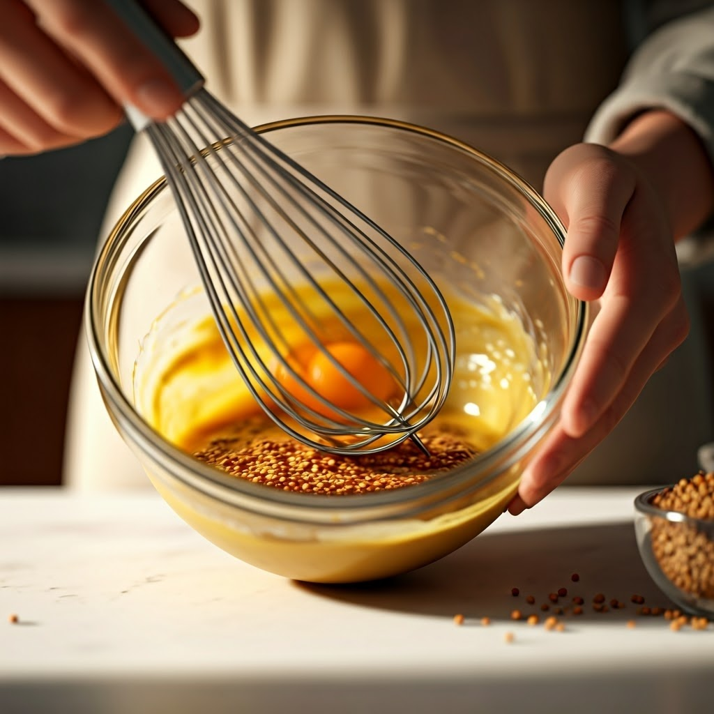 Whisk blends egg yolk and mustard with oil and vinegar in a glass bowl under soft daylight.