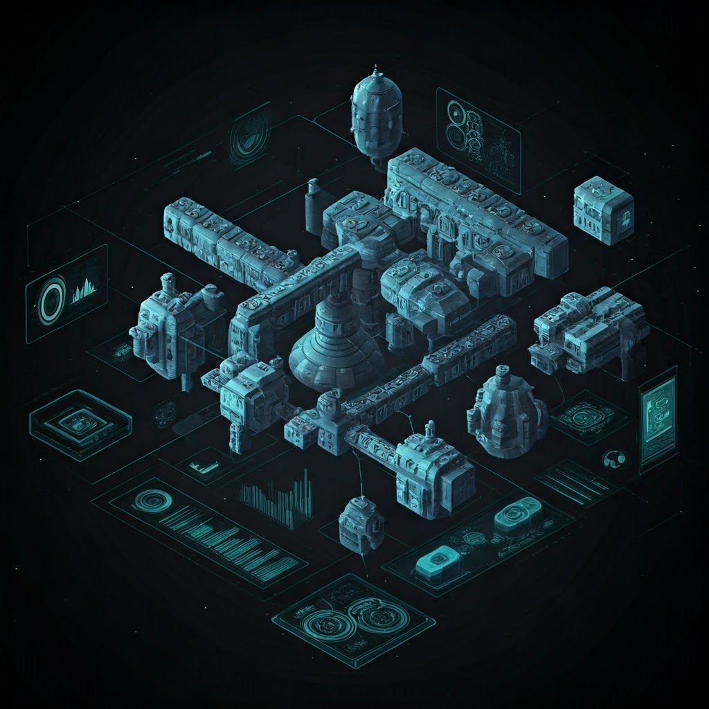 Isometric chart of multiple space habitat concepts linked by thin lines