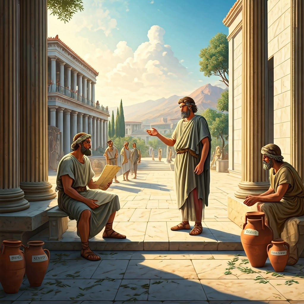 Sunlit ancient Athens where farmers and nobles mingle, hinting at the coming democratic shift.