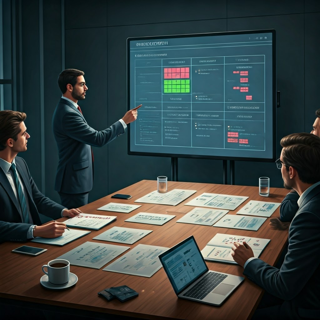 Conference table stacked with labeled proposal sections while a presenter highlights a scoring rubric on a large screen.