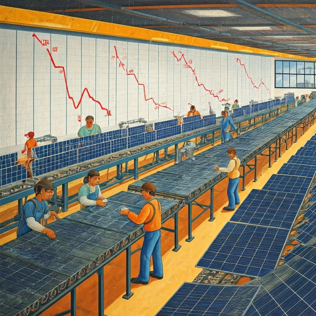 Workers assemble solar panels in a bright factory while charts on the wall show prices dropping 20 percent.