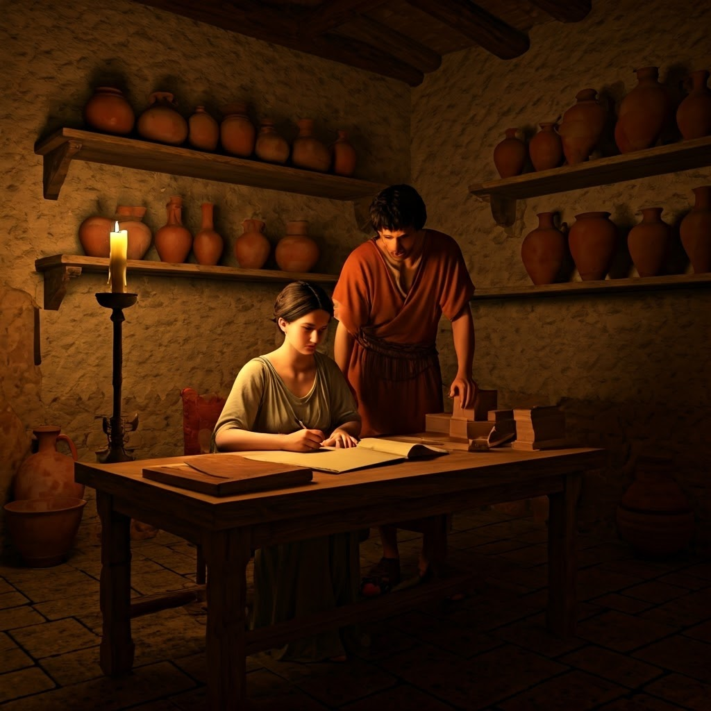 By candlelight, a Roman woman checks ledgers while a younger male guardian looks on, reflecting supervised household management.