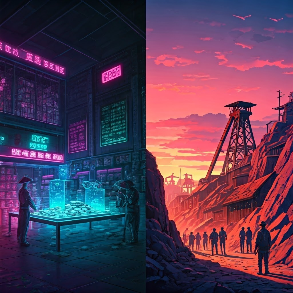 Neon split-screen artwork linking Asian warehouses of silver with American mine shafts, emphasizing global reach.