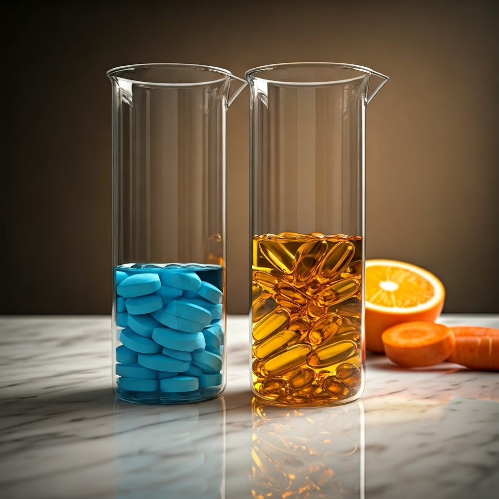 Two beakers show dissolved blue vitamin C tablets in water and floating orange vitamin A capsules in oil, placed beside an orange half and carrot slice