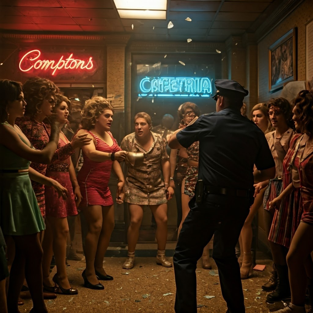 Cinematic scene of Compton’s Cafeteria riot where transgender women confront police, capturing the moment resistance turned physical.