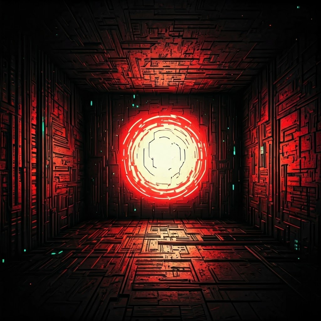 Central orb dims into glitchy ripples, symbolizing quantum states blending with surroundings.