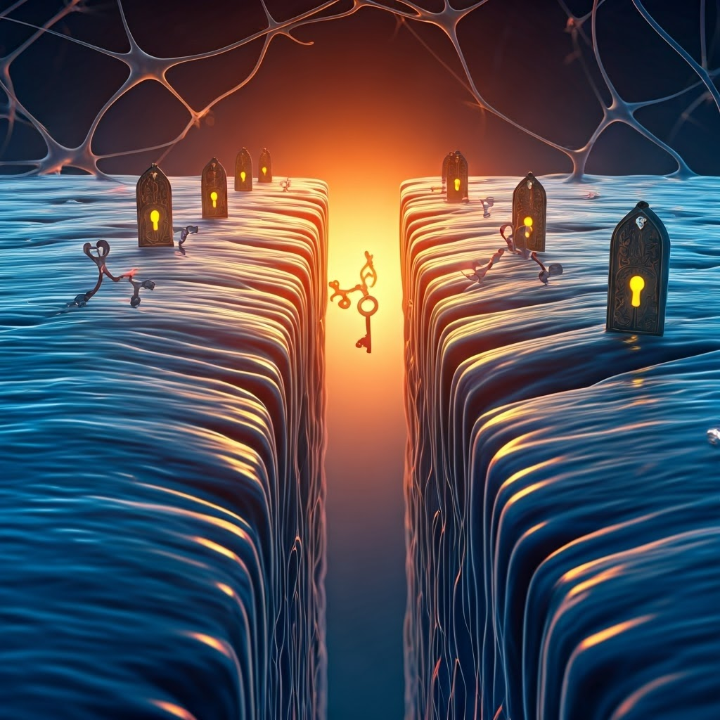 Macro image of a synapse showing molecules crossing the gap between two neurons