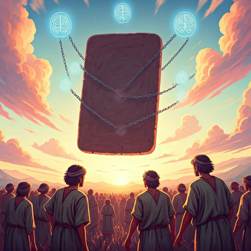 Surreal pastel scene of a floating clay tablet linked by glowing chains to stylized brains, symbolizing the shift from oral to external memory.