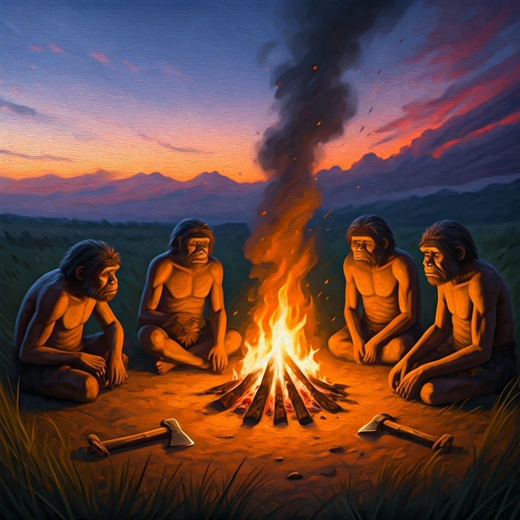 Digital oil painting of Homo erectus warming by a glowing campfire on open grassland.