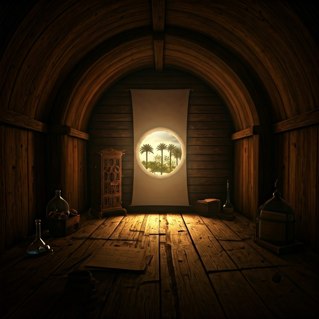 Detailed view of Ibn al-Haytham’s dark room experiment where inverted garden image appears on a wall, demonstrating light behavior