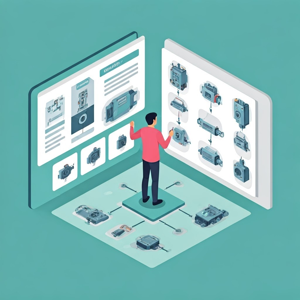 Designer pointing to a whiteboard flowchart of motor choices in a studio