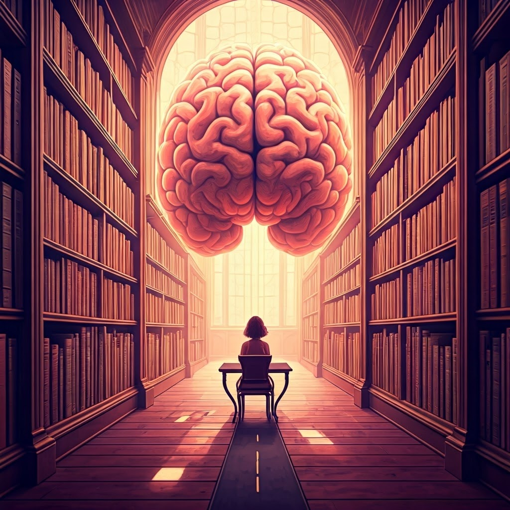 Floating glowing books in a dreamy brain library, evoking stored emotional memories.