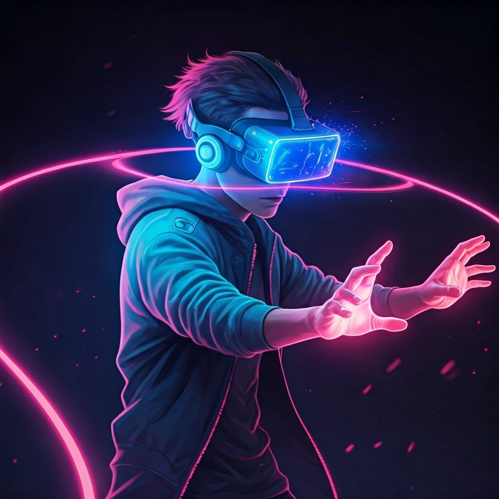 Illustration showing motion tracking sensors and neon trails around a VR user.