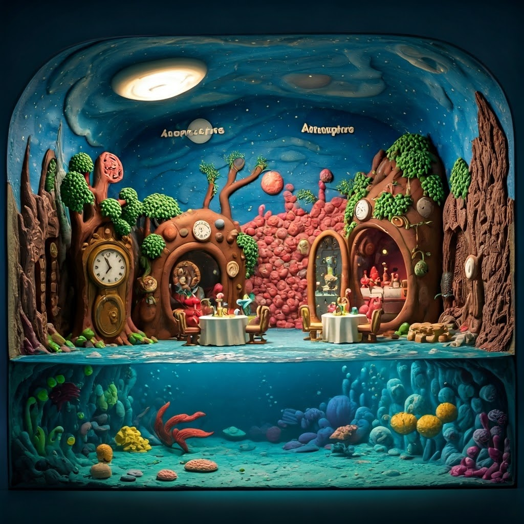 Claymation-style diorama of carbon molecules in sky, trees, sea, and rock—all wearing tiny clocks showing varied time scales