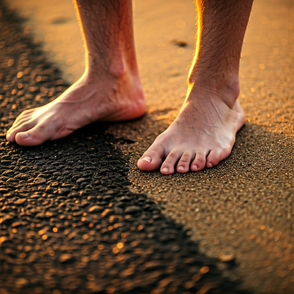 Bare feet on hot asphalt and cool sand highlight surface heat differences.