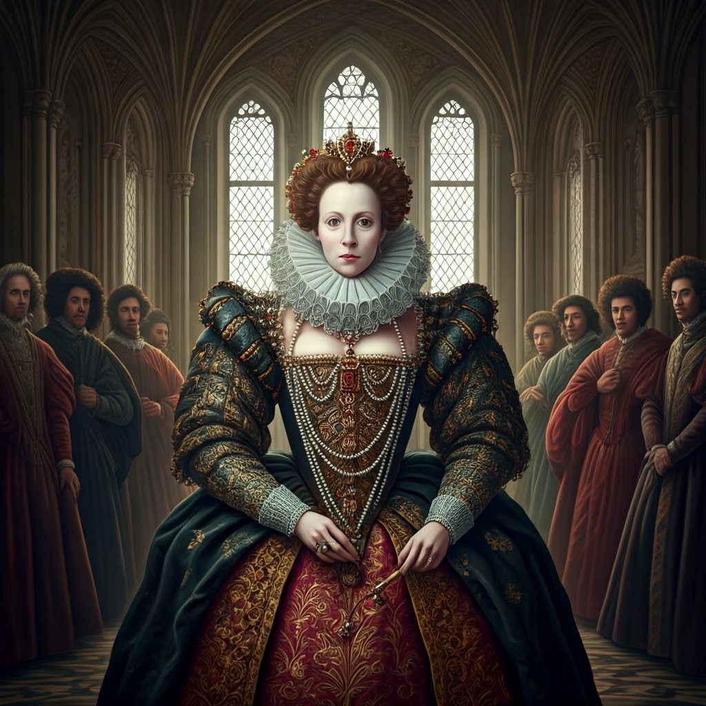 Portrait of Queen Elizabeth I standing in a sunlit hall, showcasing defiance against expectations