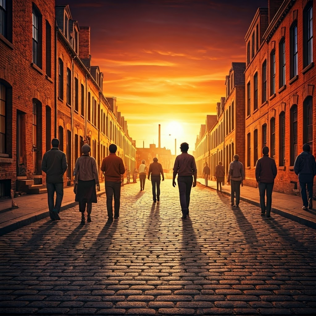 Diverse crowd on a cobblestone street merging toward a horizon of glowing factory lights