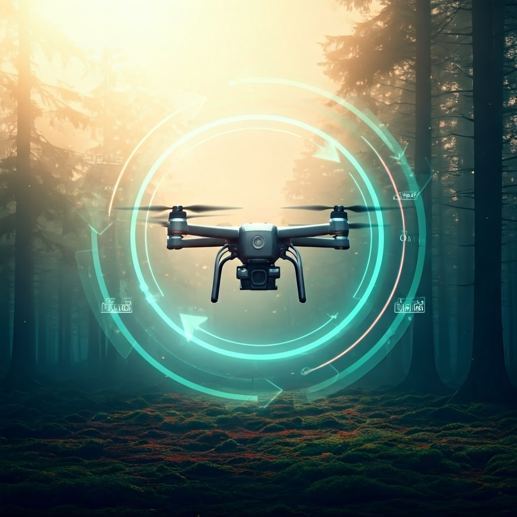 Drone encircled by glowing arrows that illustrate a continuous guess-and-correct feedback loop.