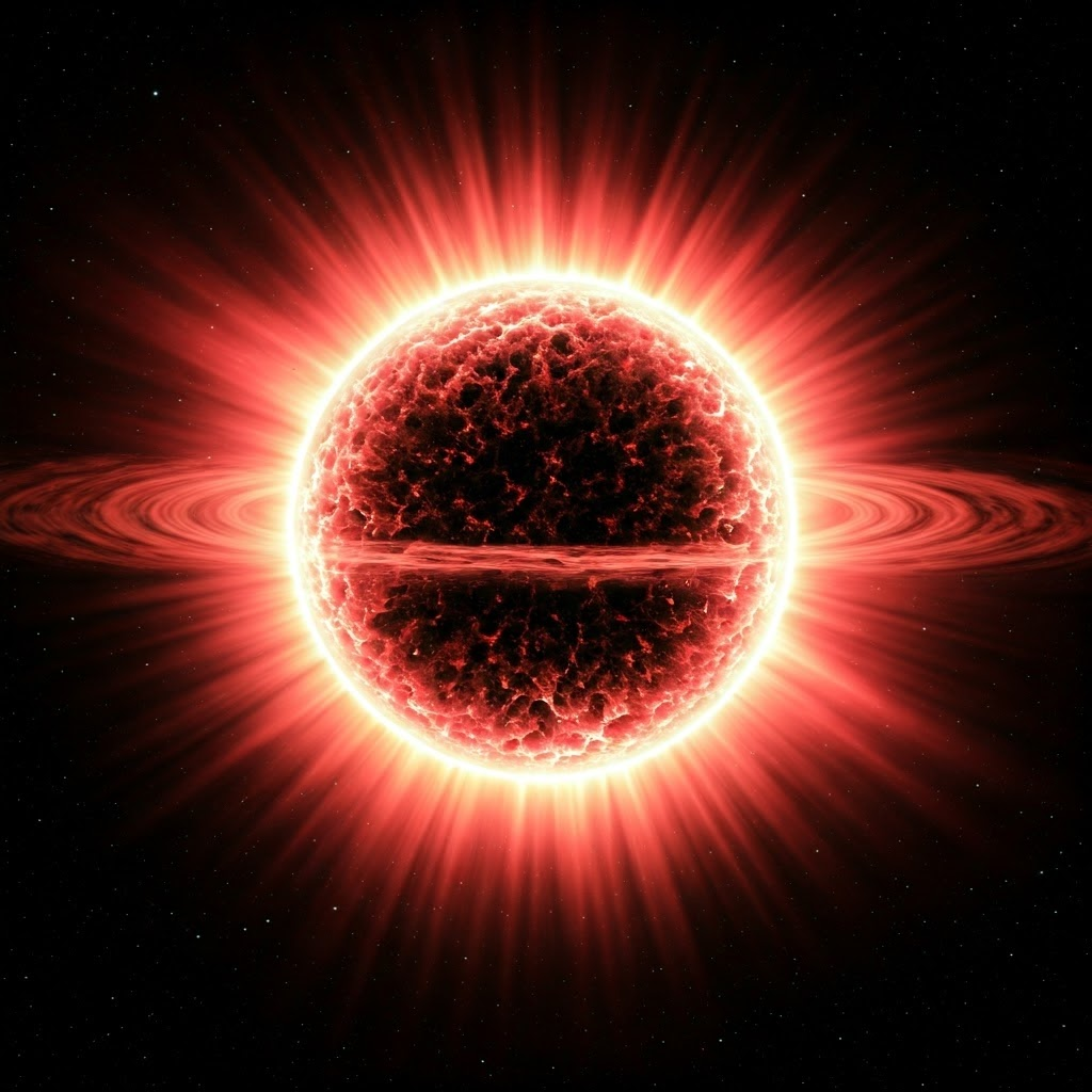 Watercolor-style illustration of a massive star collapsing into a black hole, swirling red and orange gas showing intense gravitational pull