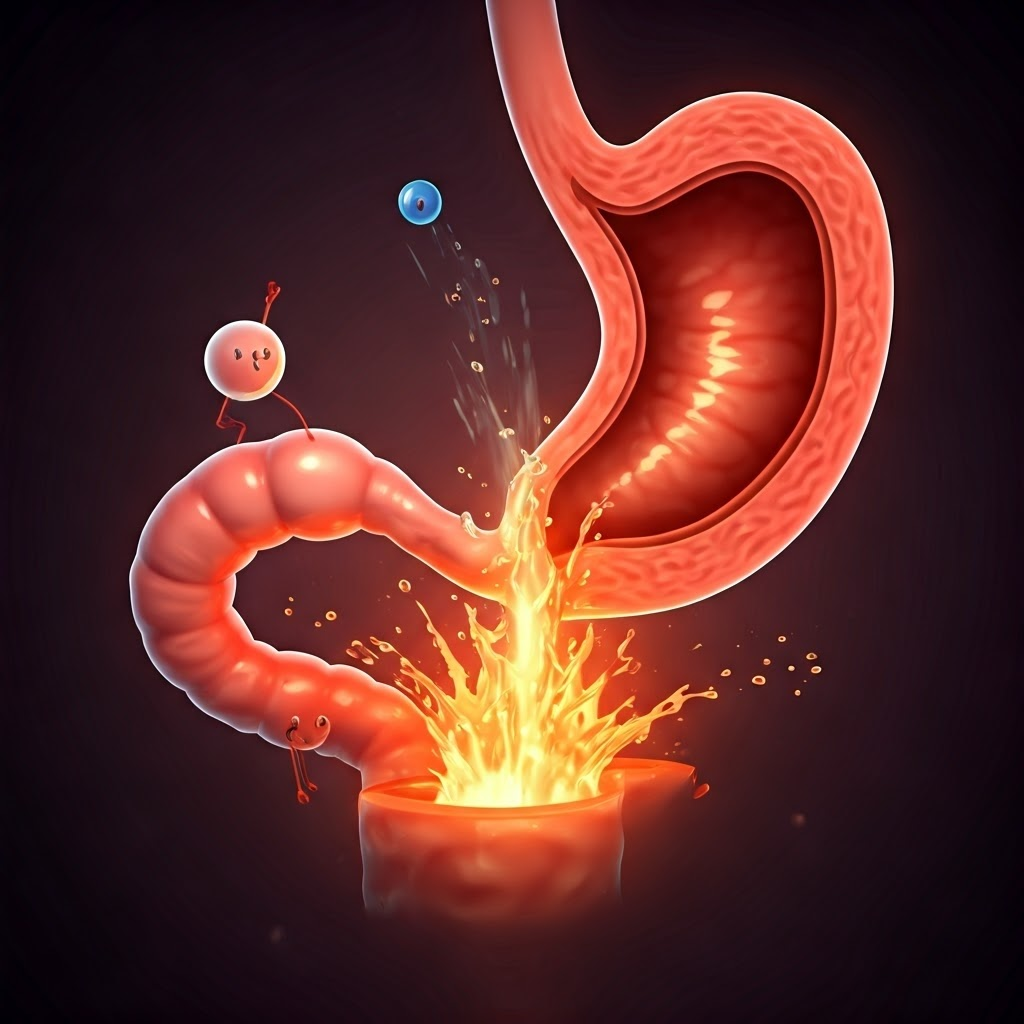 Medical CGI of acid splashing near the esophagus, explaining heartburn.