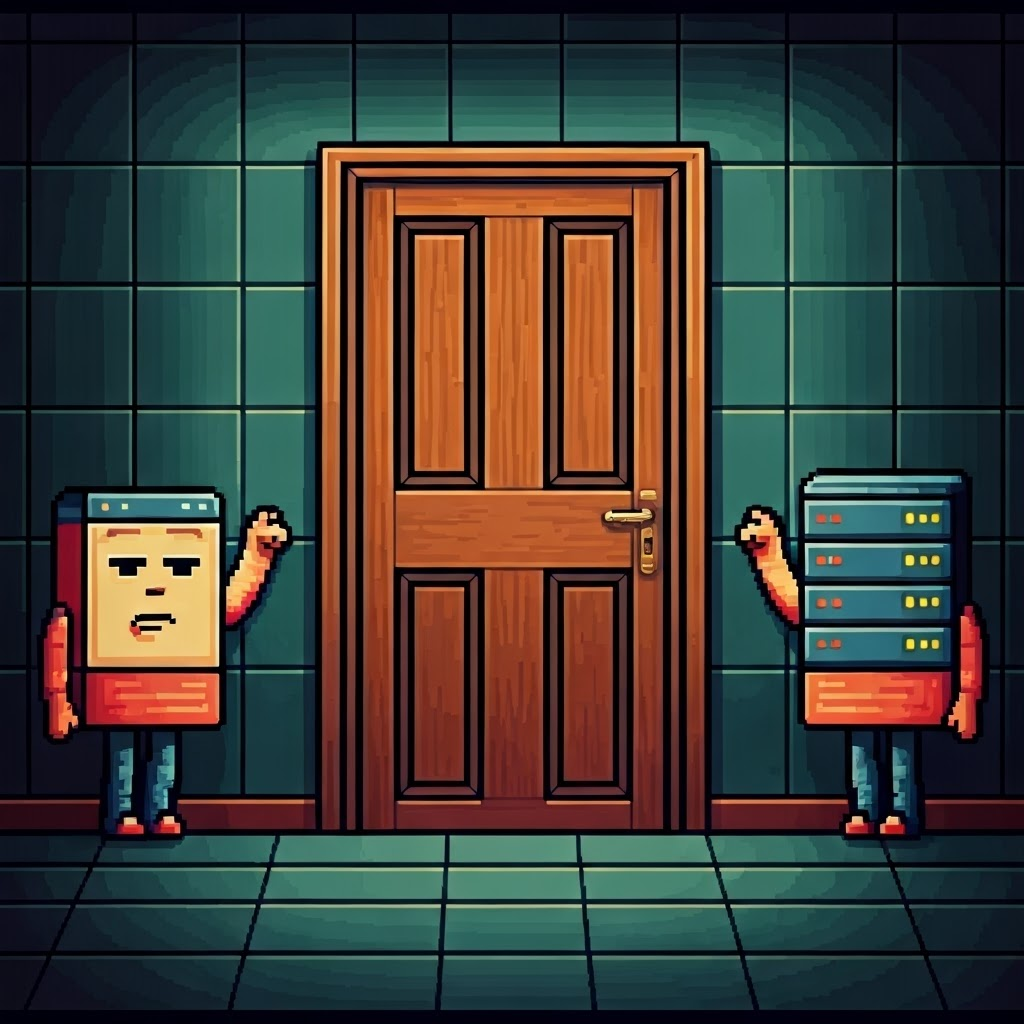 Pixel art browser and server take turns knocking on a door, representing repeated HTTP 1.0 connections.